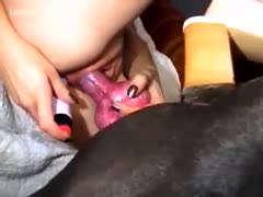 Widening her legs for a beastiality sex session, this pretty small-breasted, naturally coed